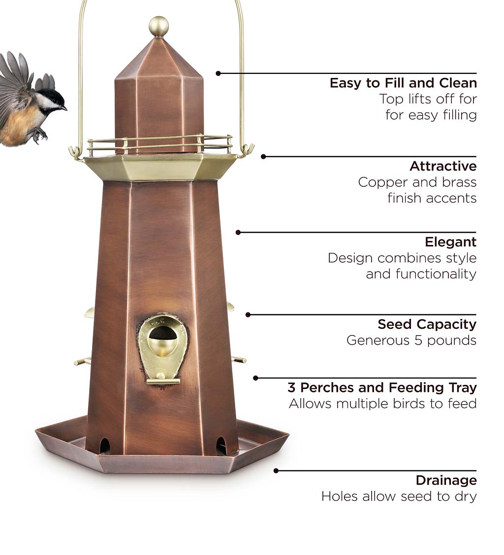 Metal Lighthouse Bird Feeder with Copper and Brass Finish