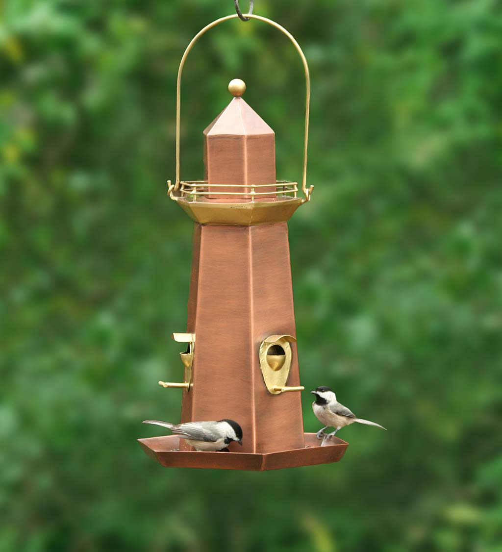 Metal Lighthouse Bird Feeder with Copper and Brass Finish