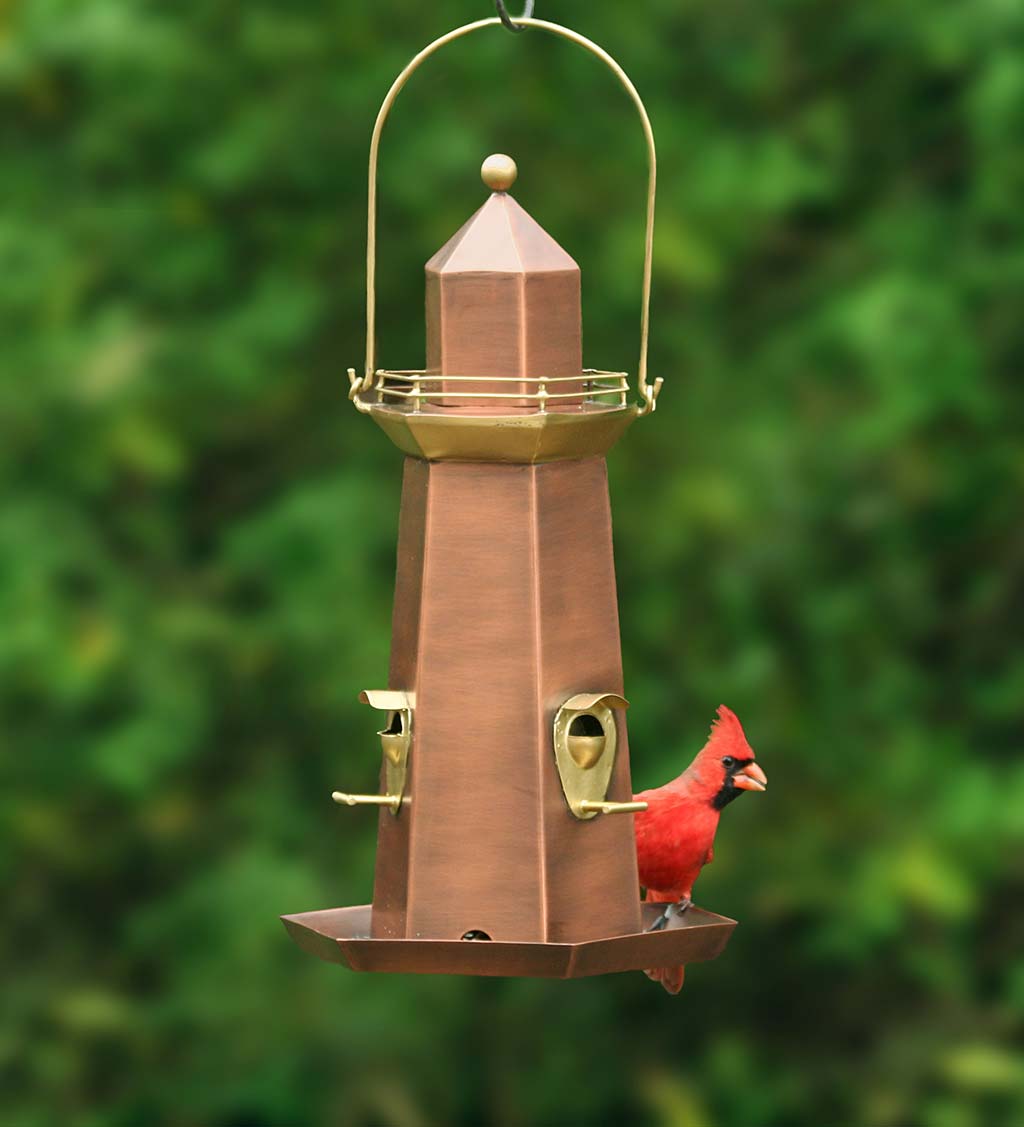 Metal Lighthouse Bird Feeder with Copper and Brass Finish