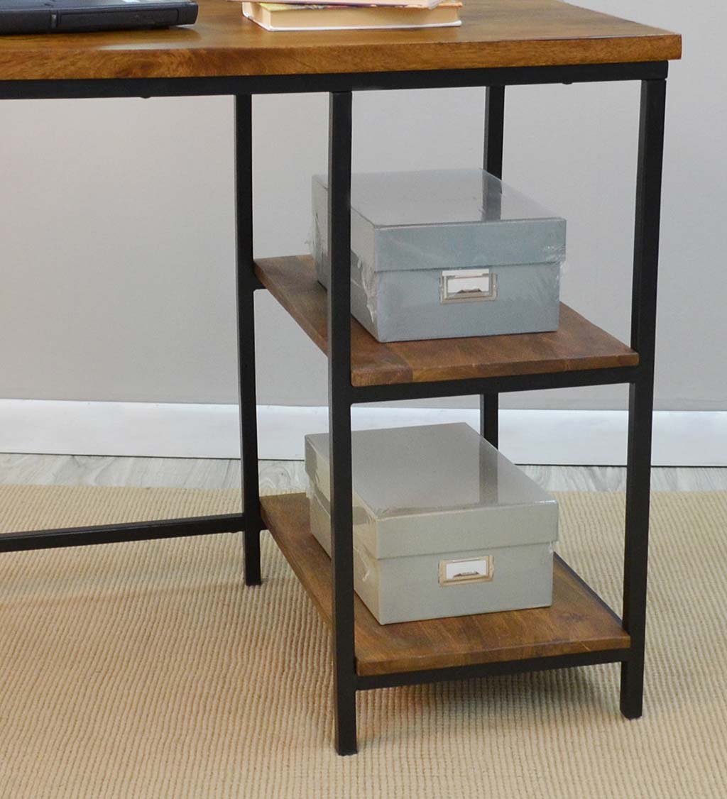 Industrial-Style Wood and Metal Desk with Shelves