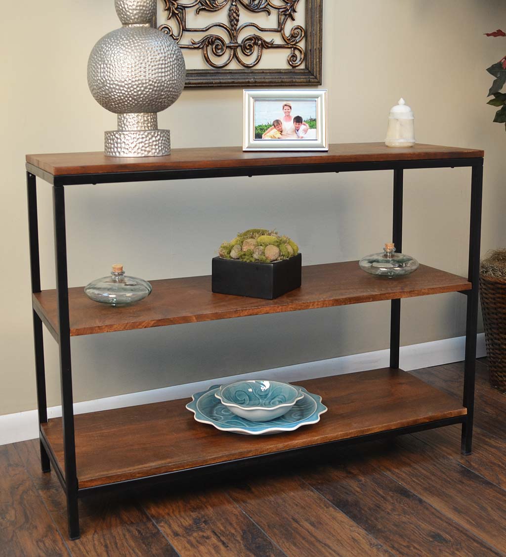 30" High Three-Shelf Wood and Metal Bookcase/Console