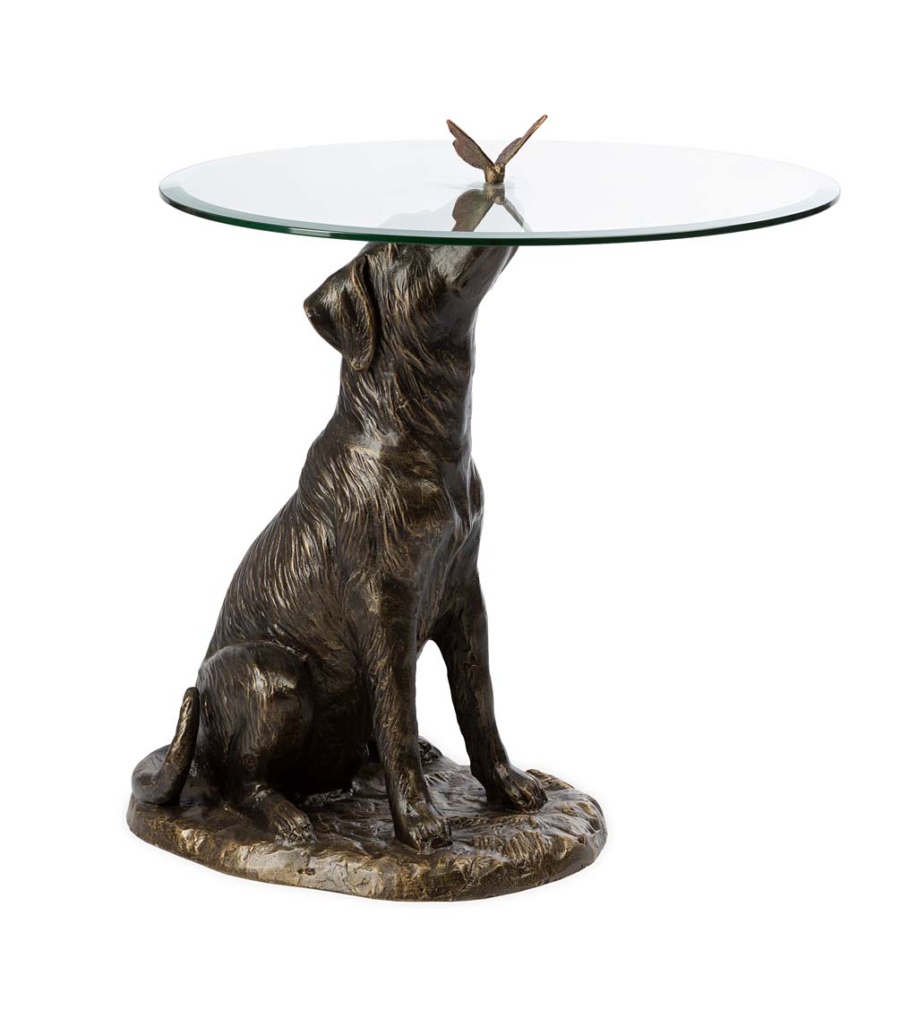 Labrador and Butterfly Cast Aluminum Side Table with Glass Top