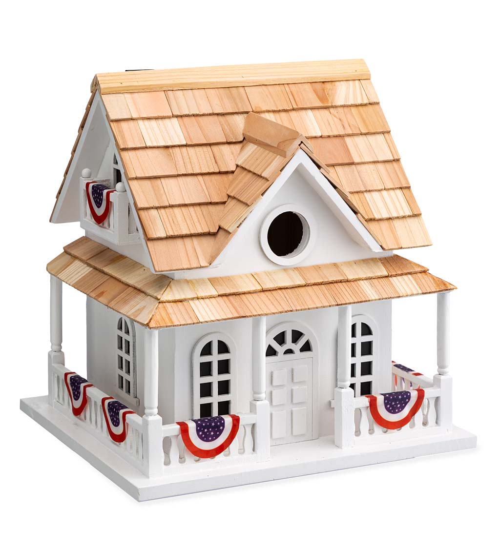Patriotic Birdhouse with Americana Bunting and Pedestal Pole