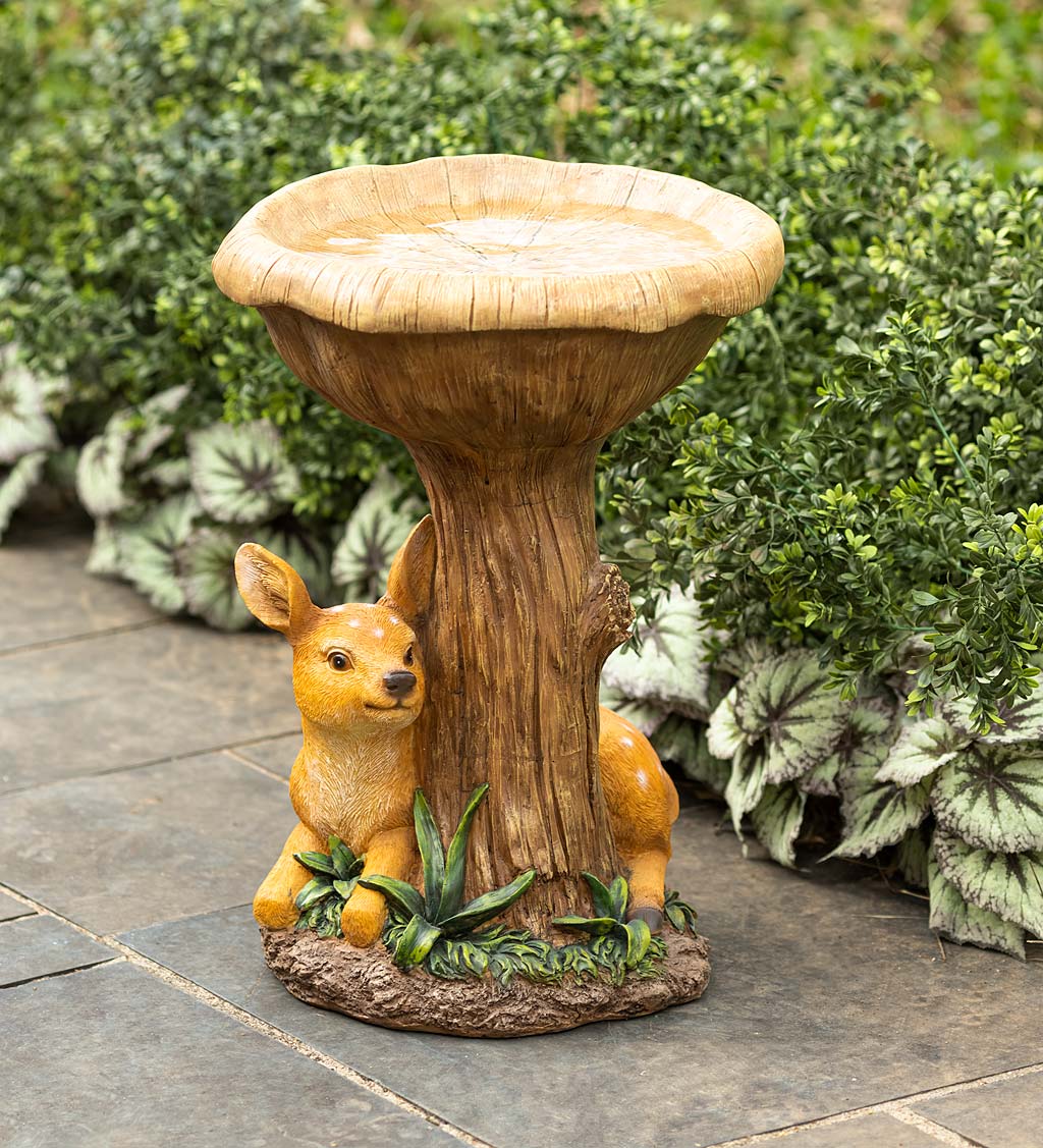 Hand-Painted Fawn Tree Stump Birdbath