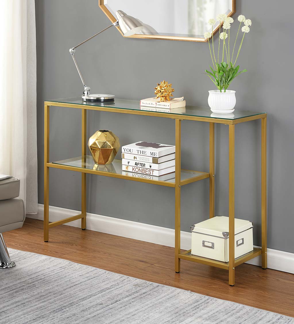 Multi-Functional Tempered Glass Console Table with Shelves - Gold