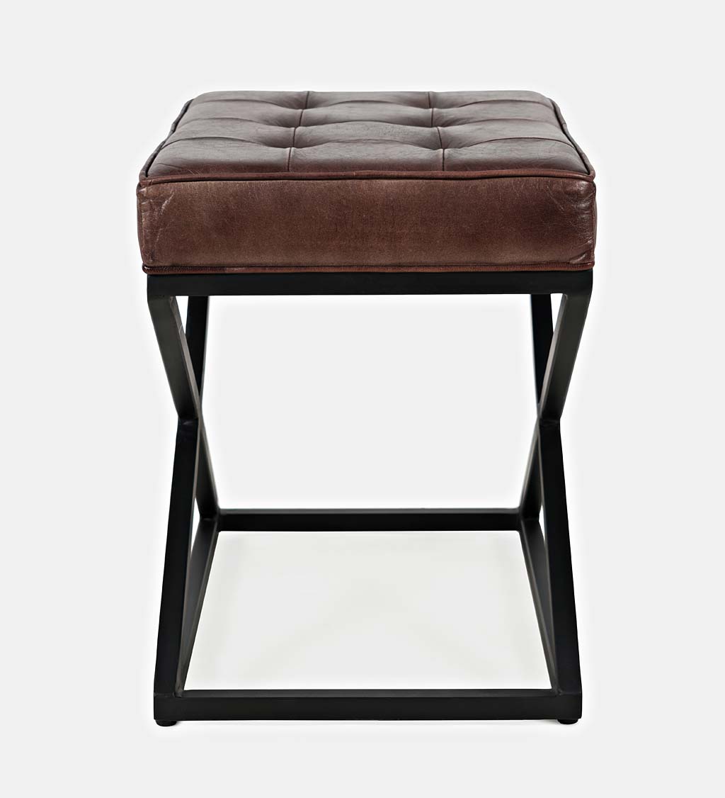 Henry Leather and Steel Ottoman - Dark Sienna