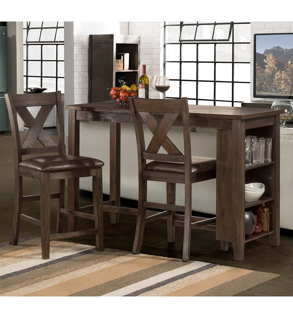 3-Piece Shadwell Rectangular Counter Height Table with Two X-Back Counter Stools in Dark Espresso Wire Brushed Finish with Brown Faux Leather