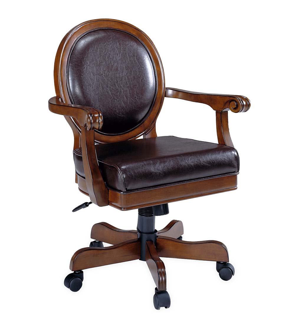 Bellevue Tilt And Swivel Adjustable Height Round Back Game Chair in Rich Cherry and Brown Leather with Casters
