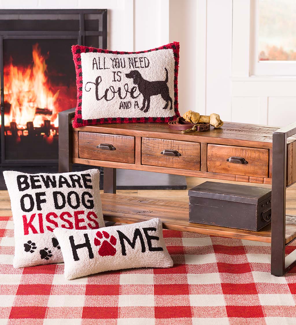 Beware of Dog Kisses Hand-Hooked Wool Throw Pillow