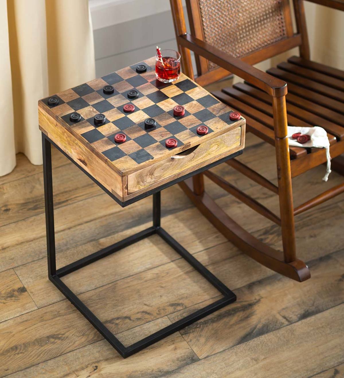 Checkerboard Pull-Up Side Table with Game Pieces