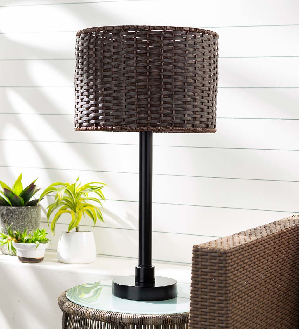 Weatherproof Outdoor Table Lamp with Wicker Shade