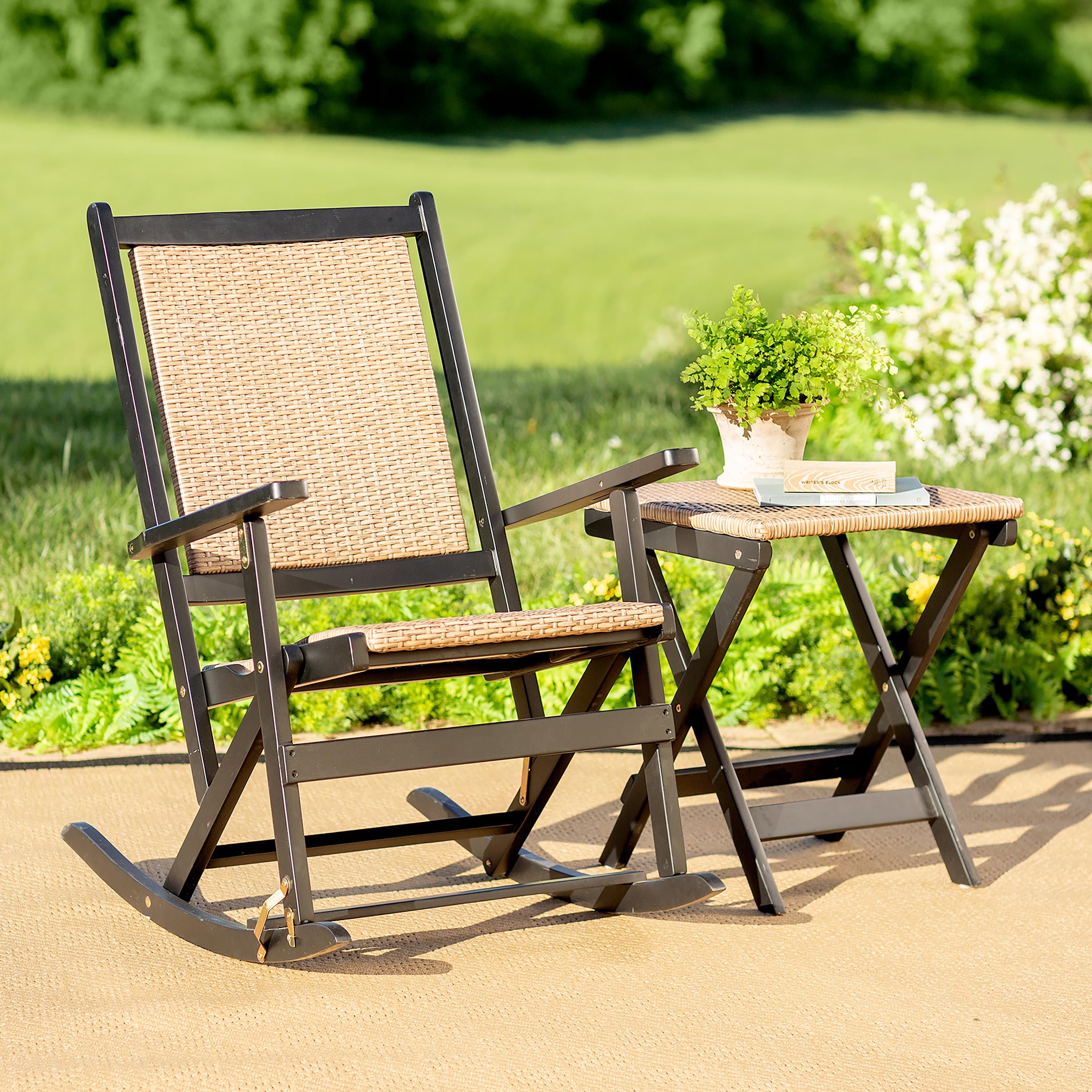 Claytor Folding Eucalyptus Outdoor Furniture, Two Rocking Chairs and Side Table