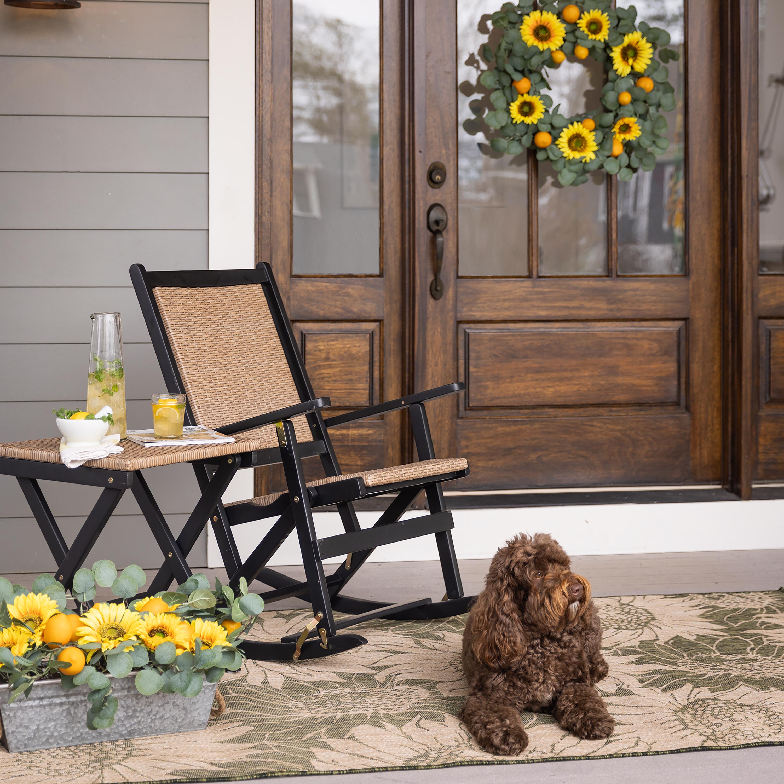 Faux Sunflower, Lemon and Eucalyptus Floral Arrangement in Planter