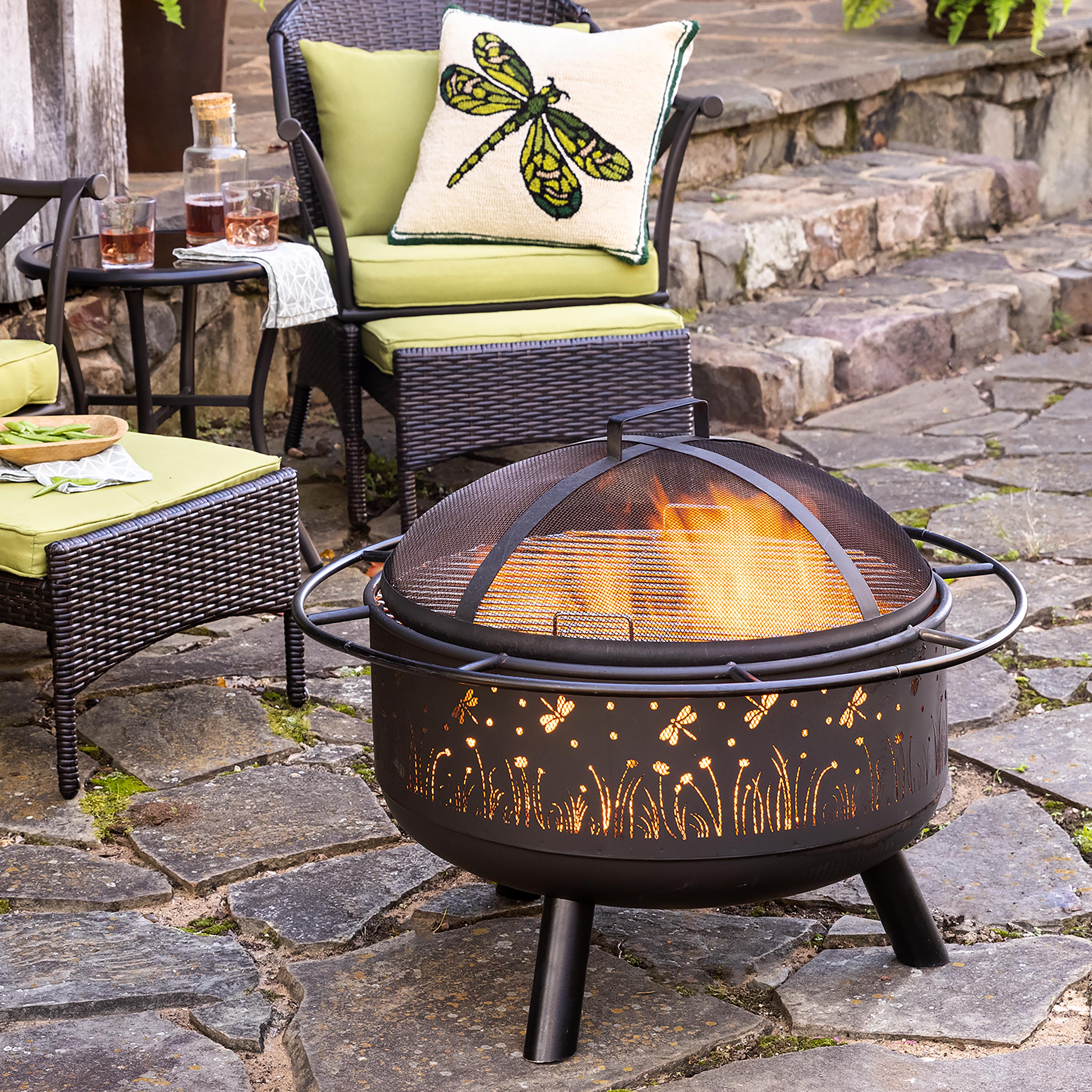 Meadow Wood Burning Fire Pit With Cutout Design - Black