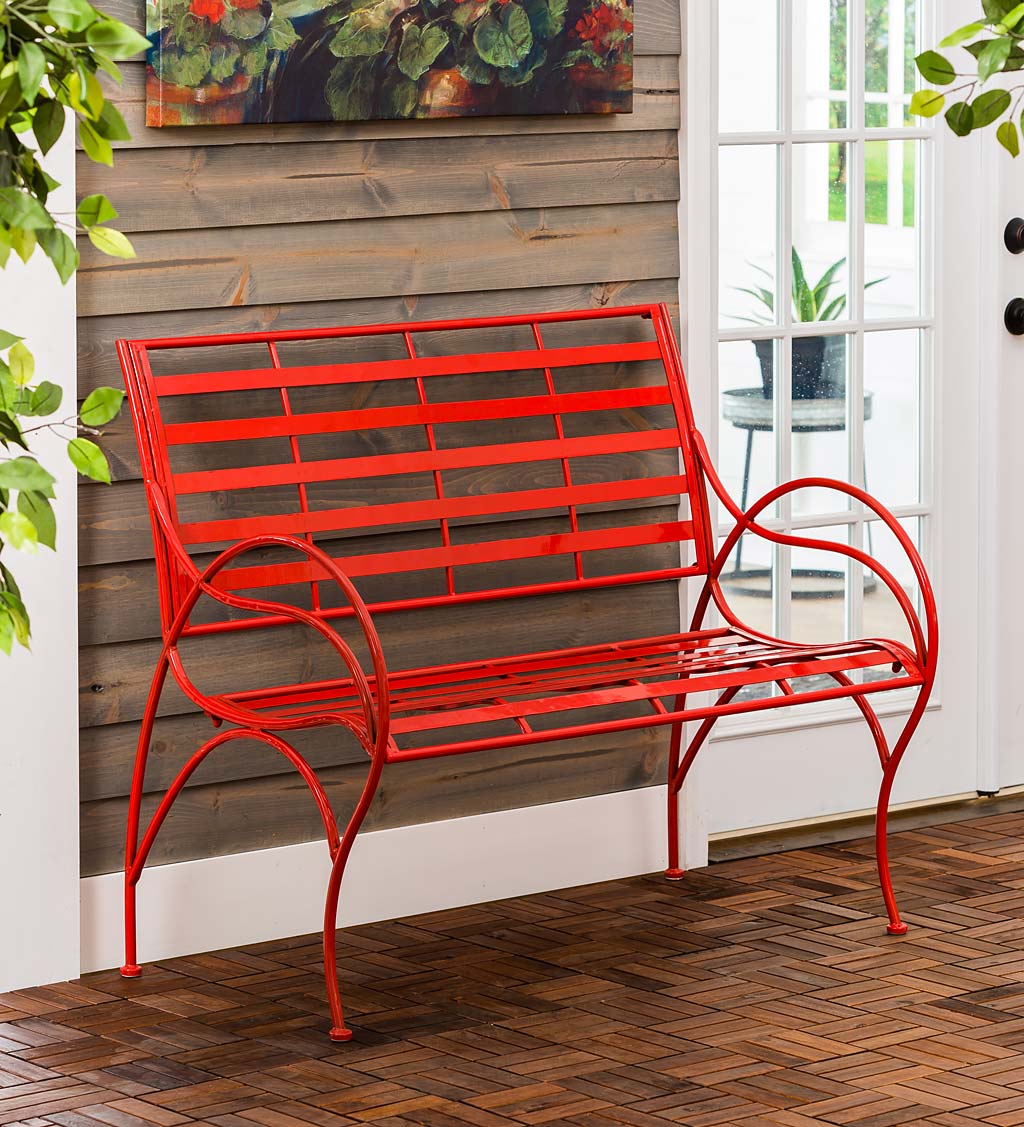 Red Metal Slat-Seat Garden Bench