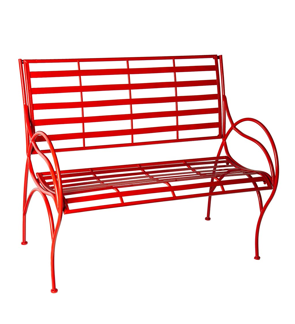 Red Metal Slat-Seat Garden Bench