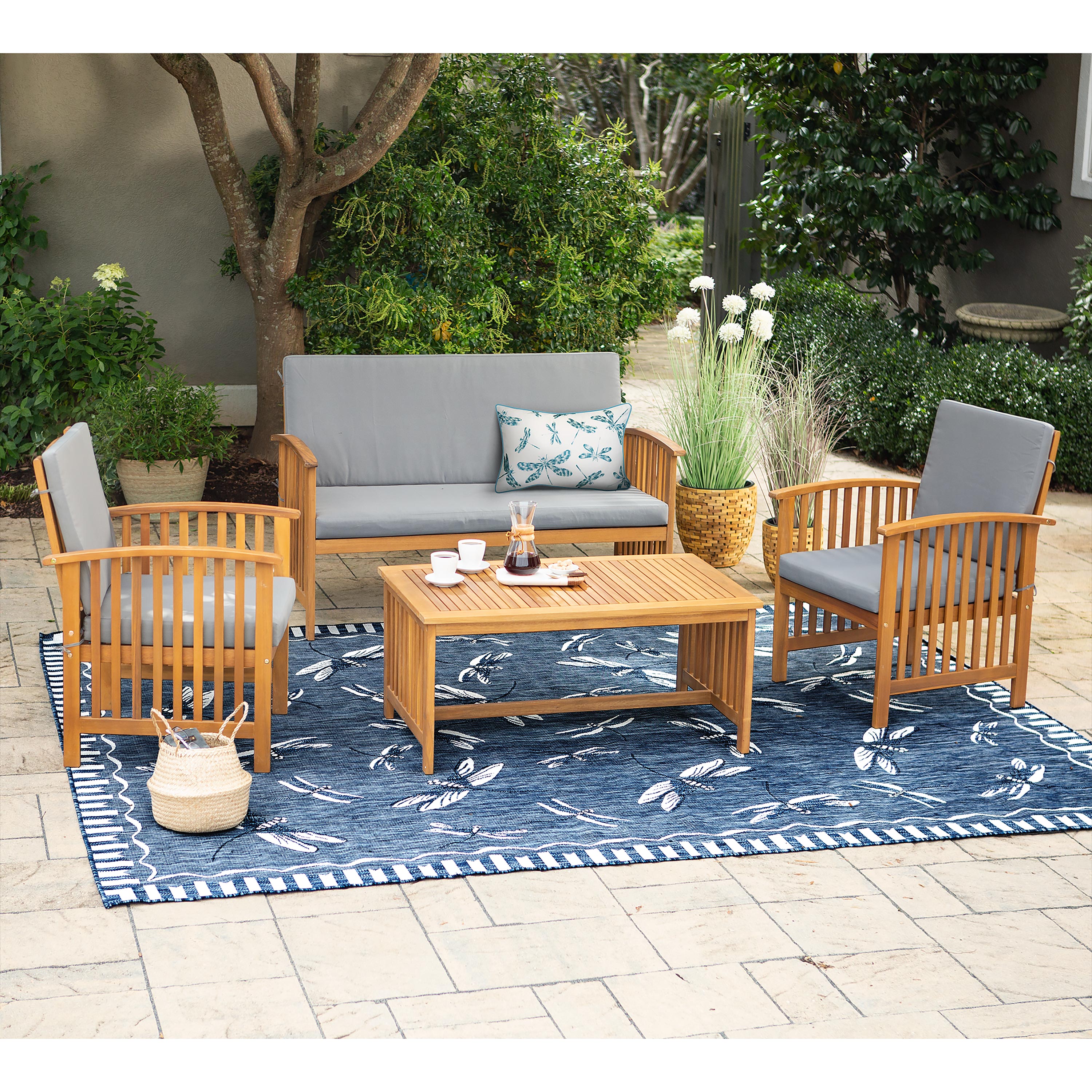 Mission-Style Acacia Wood Outdoor Seating Set with Cushions
