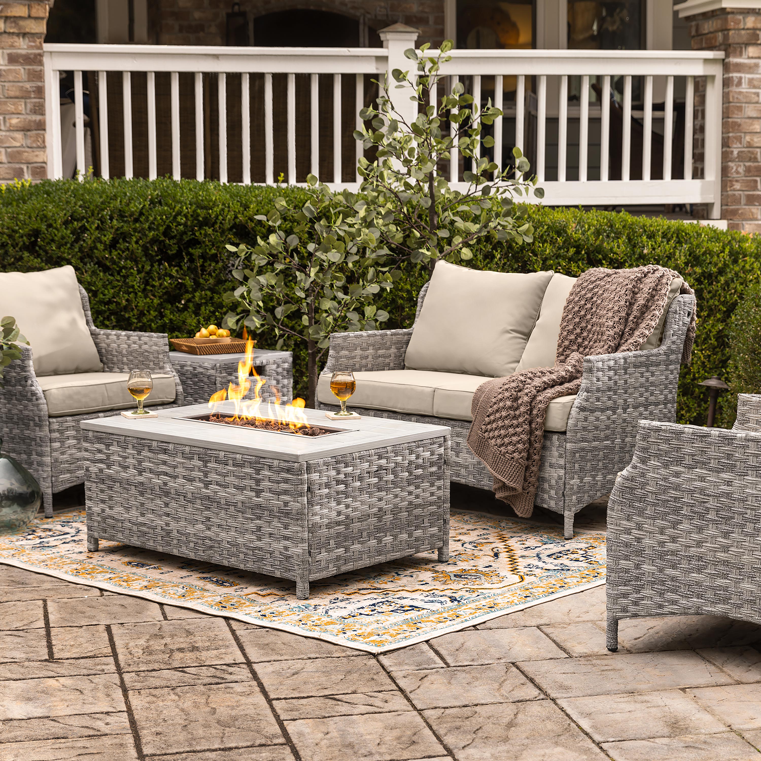 St. Helena Wicker Patio and Fire Pit Seating Set, 5-Piece