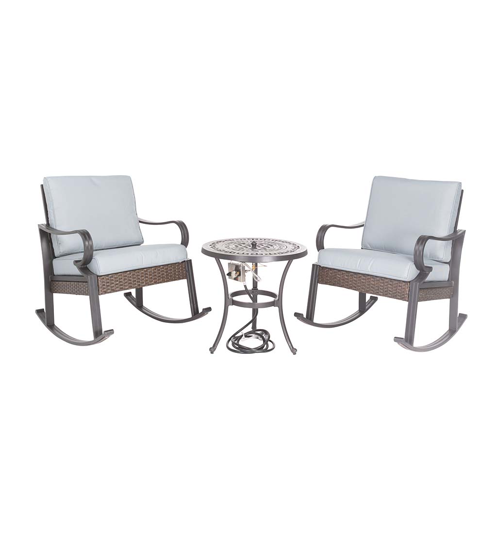 Syracuse Wicker Rocking Chairs and Fire Pit Side Table, 3-Piece Set