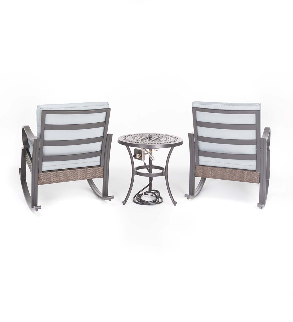 Syracuse Wicker Rocking Chairs and Fire Pit Side Table, 3-Piece Set