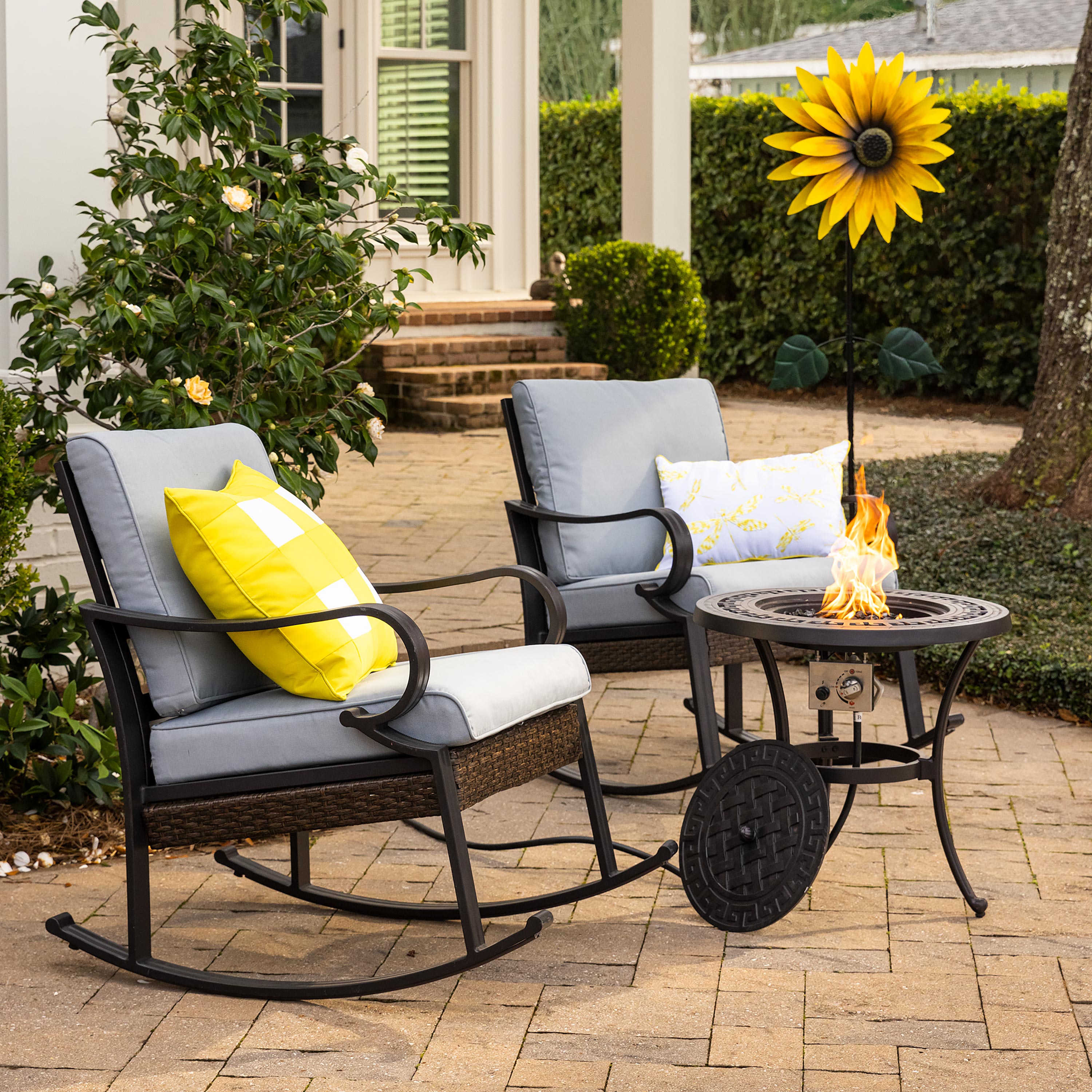 Syracuse Wicker Rocking Chairs and Fire Pit Side Table, 3-Piece Set