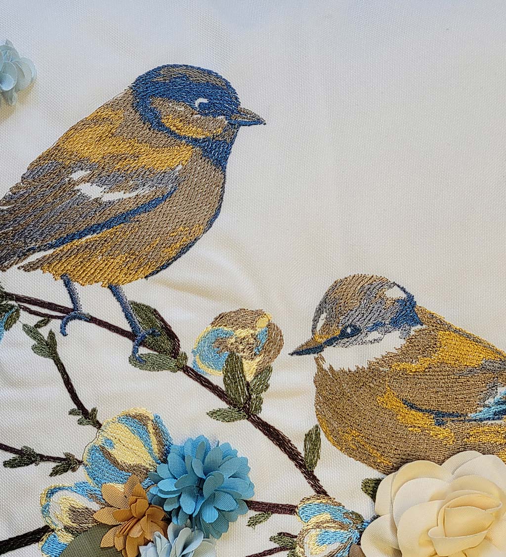 Indoor/Outdoor Bird Pillow with Embroidery and 3D Flowers