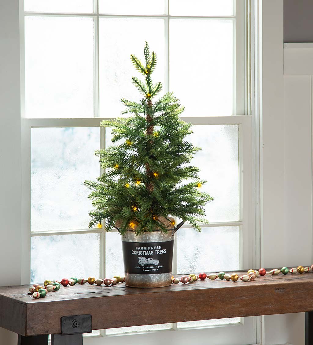 Lighted Tabletop Christmas Tree in Galvanized Bucket