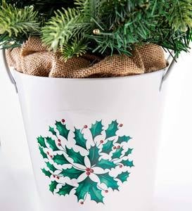 Lighted Tabletop Christmas Tree in White Bucket with Holly Design