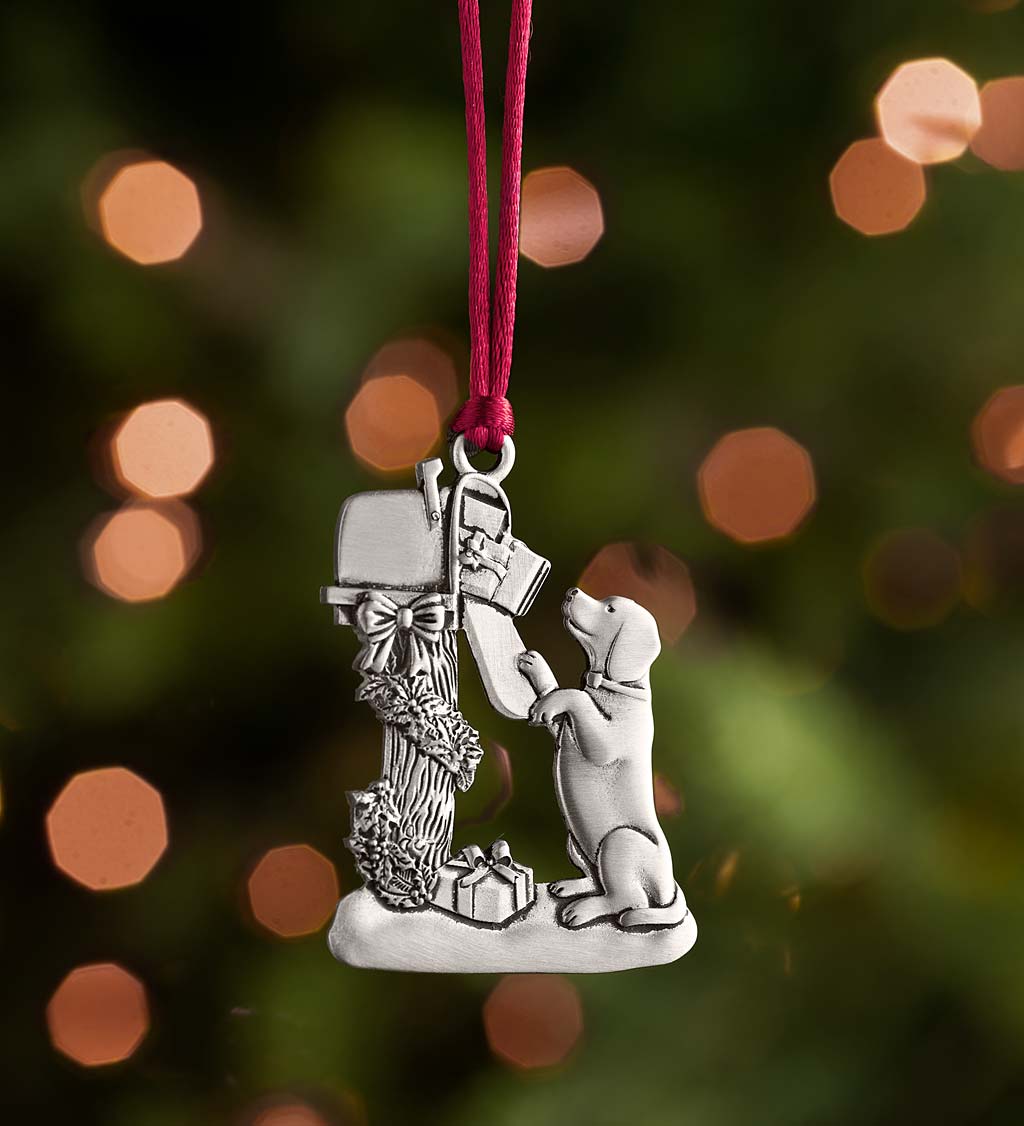 Solid Pewter Christmas Tree Ornament - Dog and Mailbox