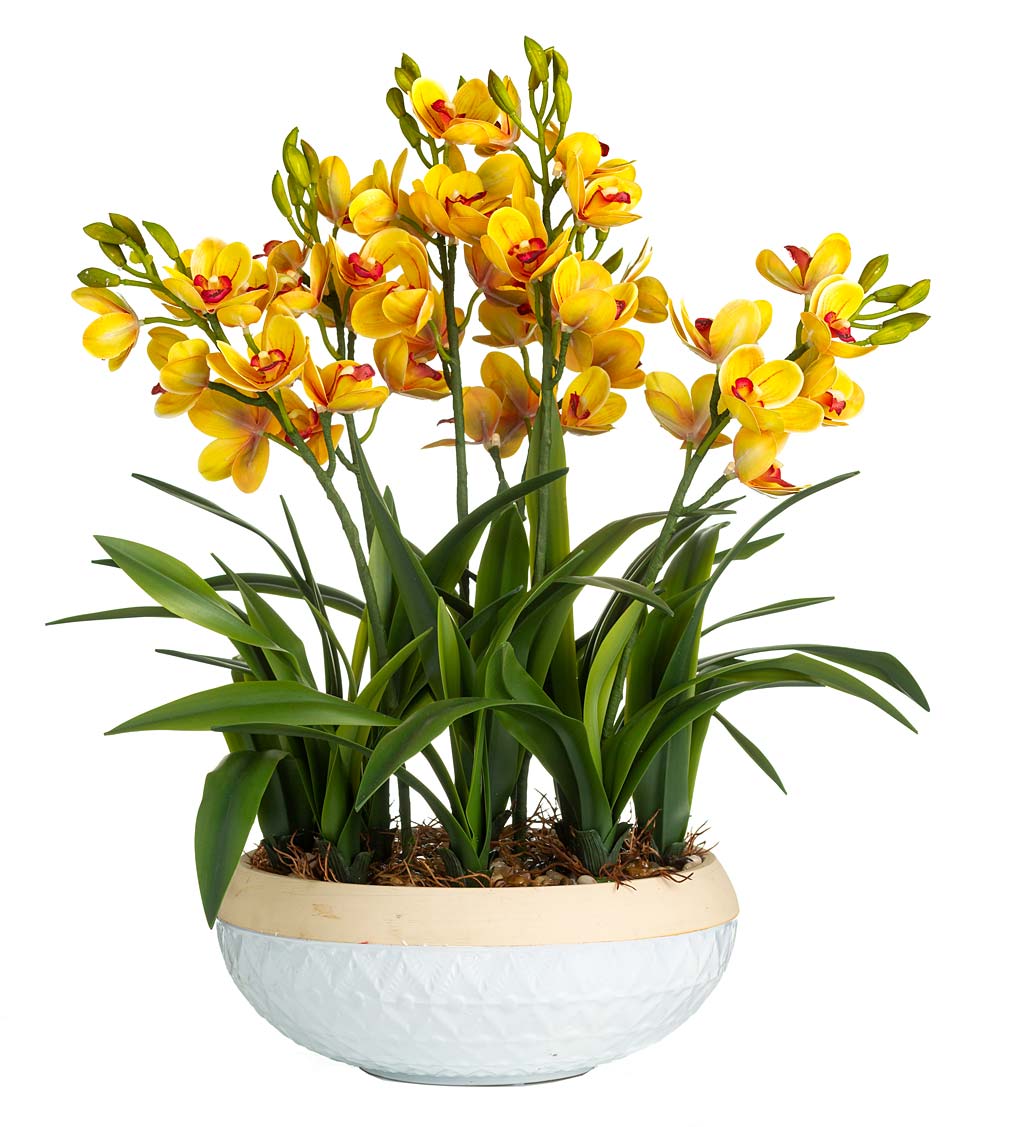 Lighted Faux Yellow Cymbidium Orchid Arrangement with Timer