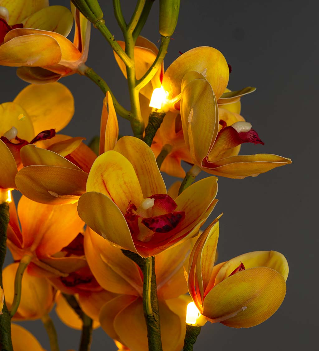 Lighted Faux Yellow Cymbidium Orchid Arrangement with Timer
