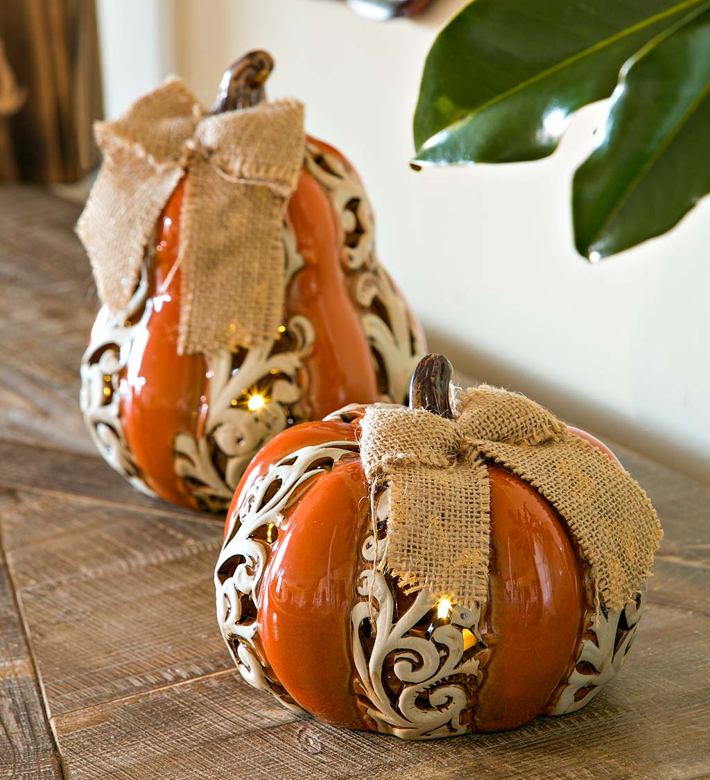 Lighted Scrollwork Ceramic Pumpkins, Set Of 2