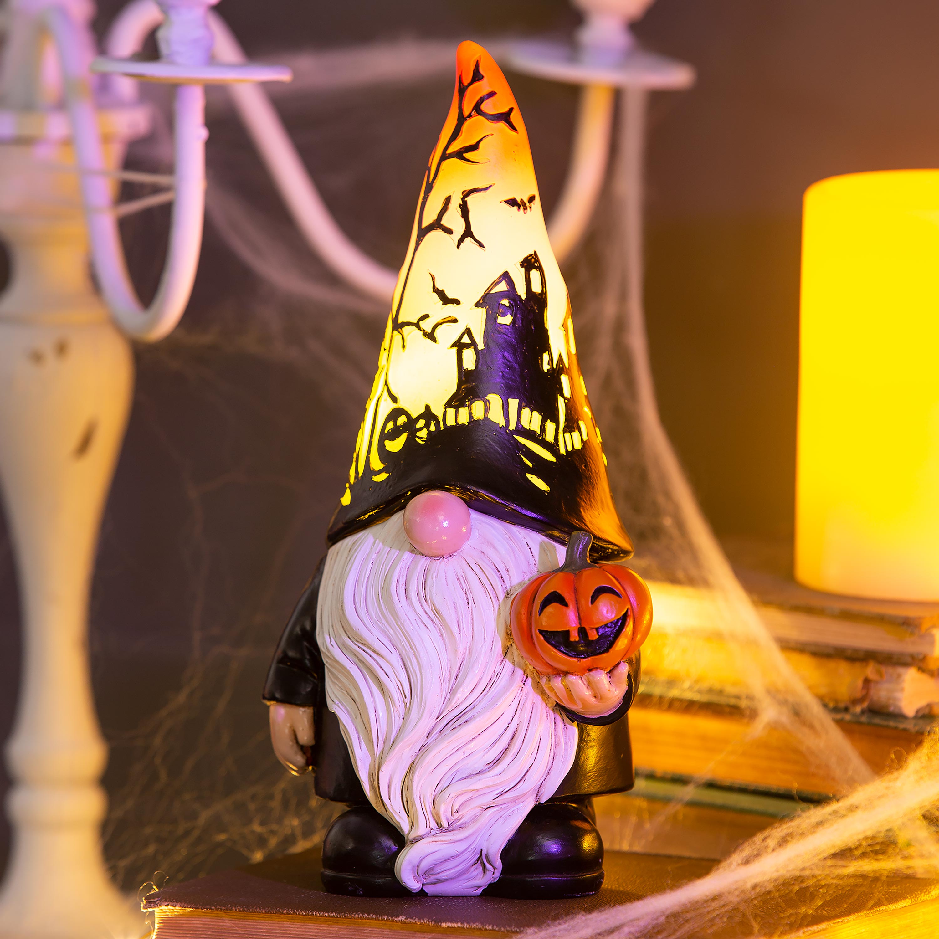 Halloween Gnome with Lighted Hat and Pumpkin