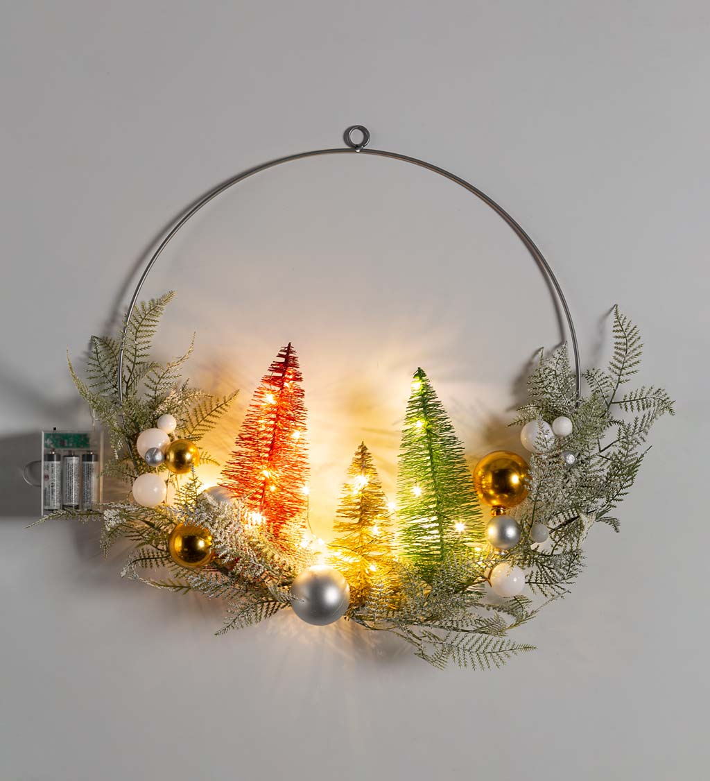 Lighted Holiday Hoop Wreath with Bottle Brush Trees