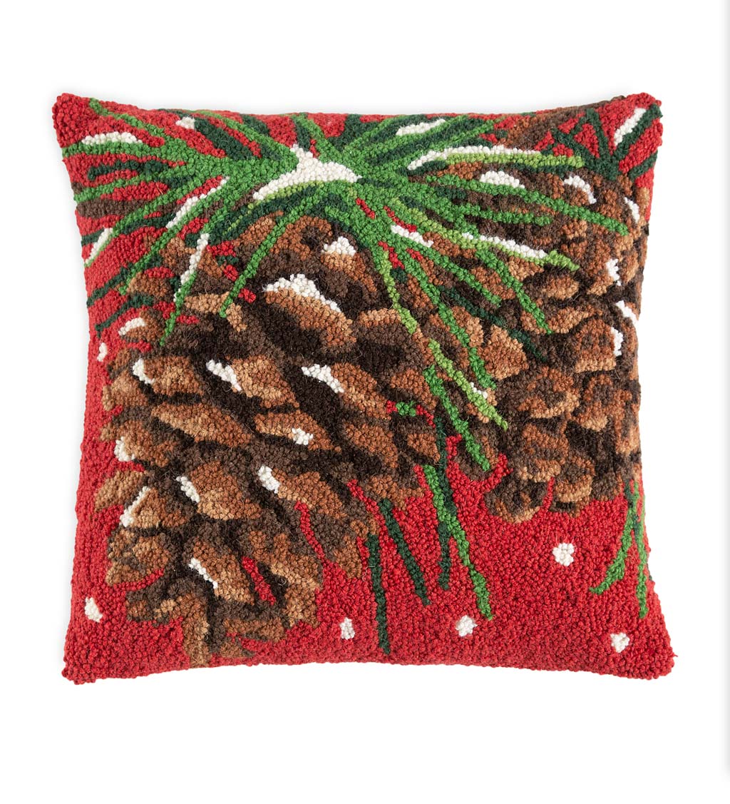 Snowy Pine Cones Hand-Hooked Wool Throw Pillow