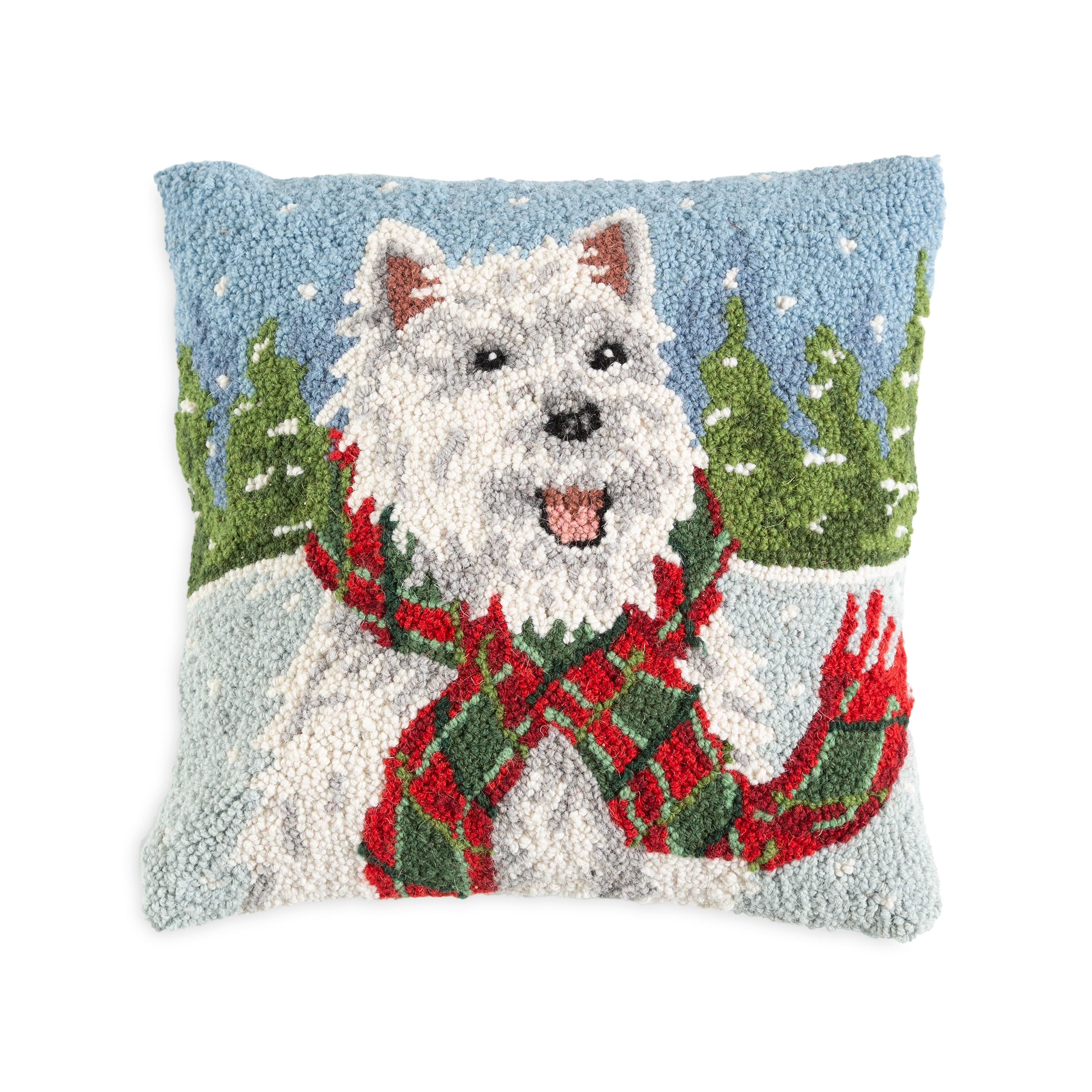 Holiday Westie with Scarf Hand-Hooked Wool Throw Pillow