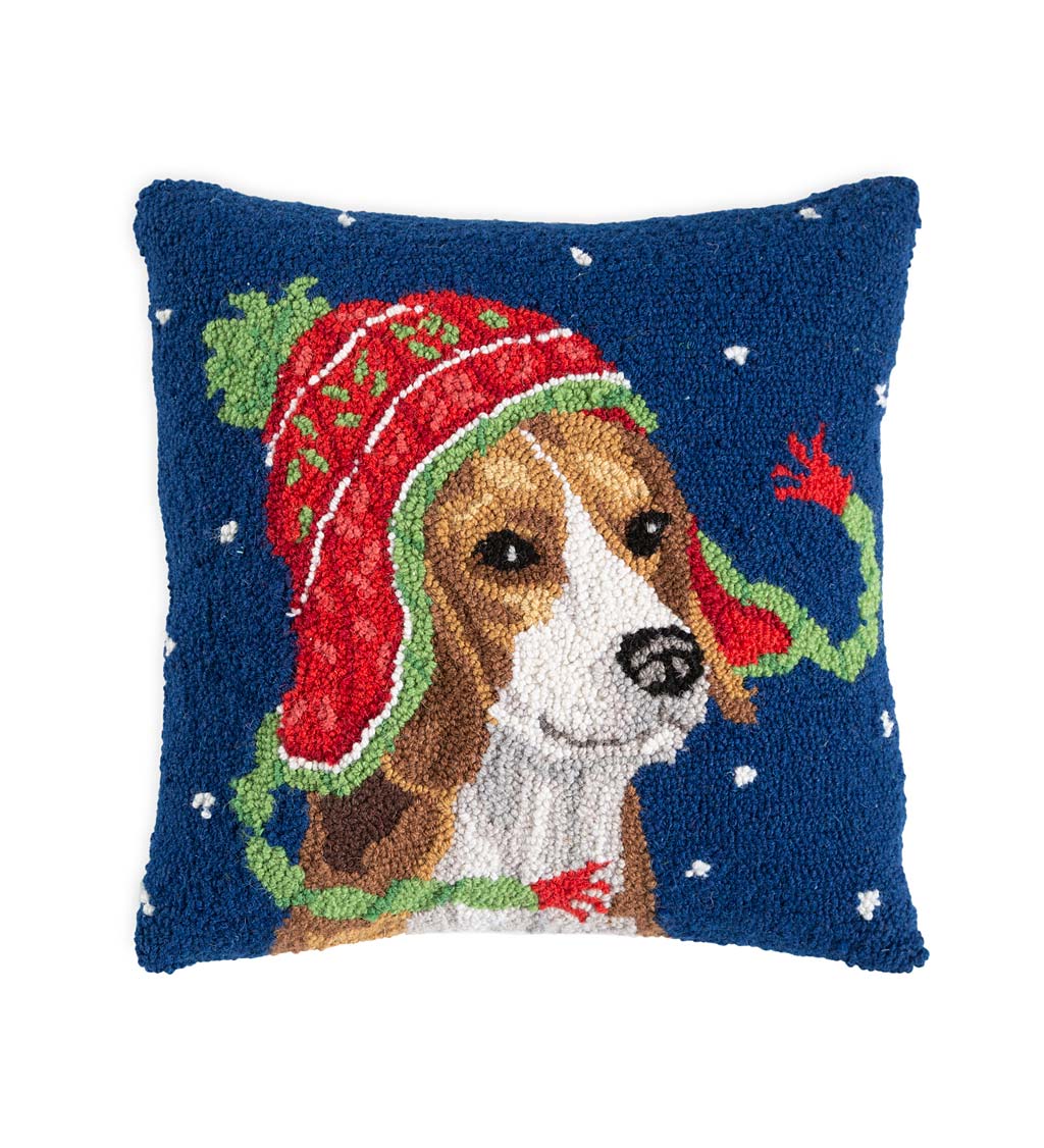 Holiday Beagle with Knit Hat Hand-Hooked Wool Throw Pillow