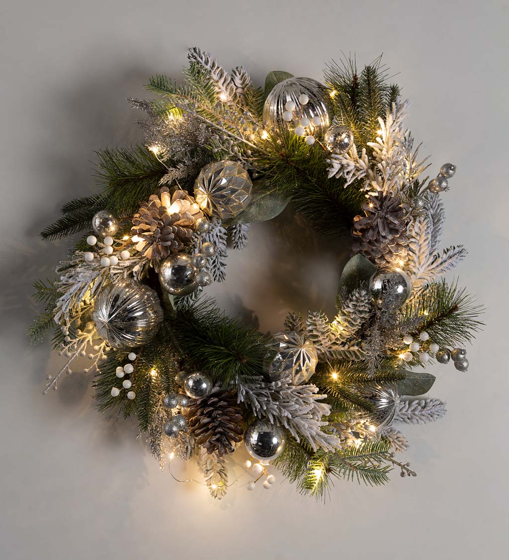 Lighted Silver Evergreen Holiday Wreath