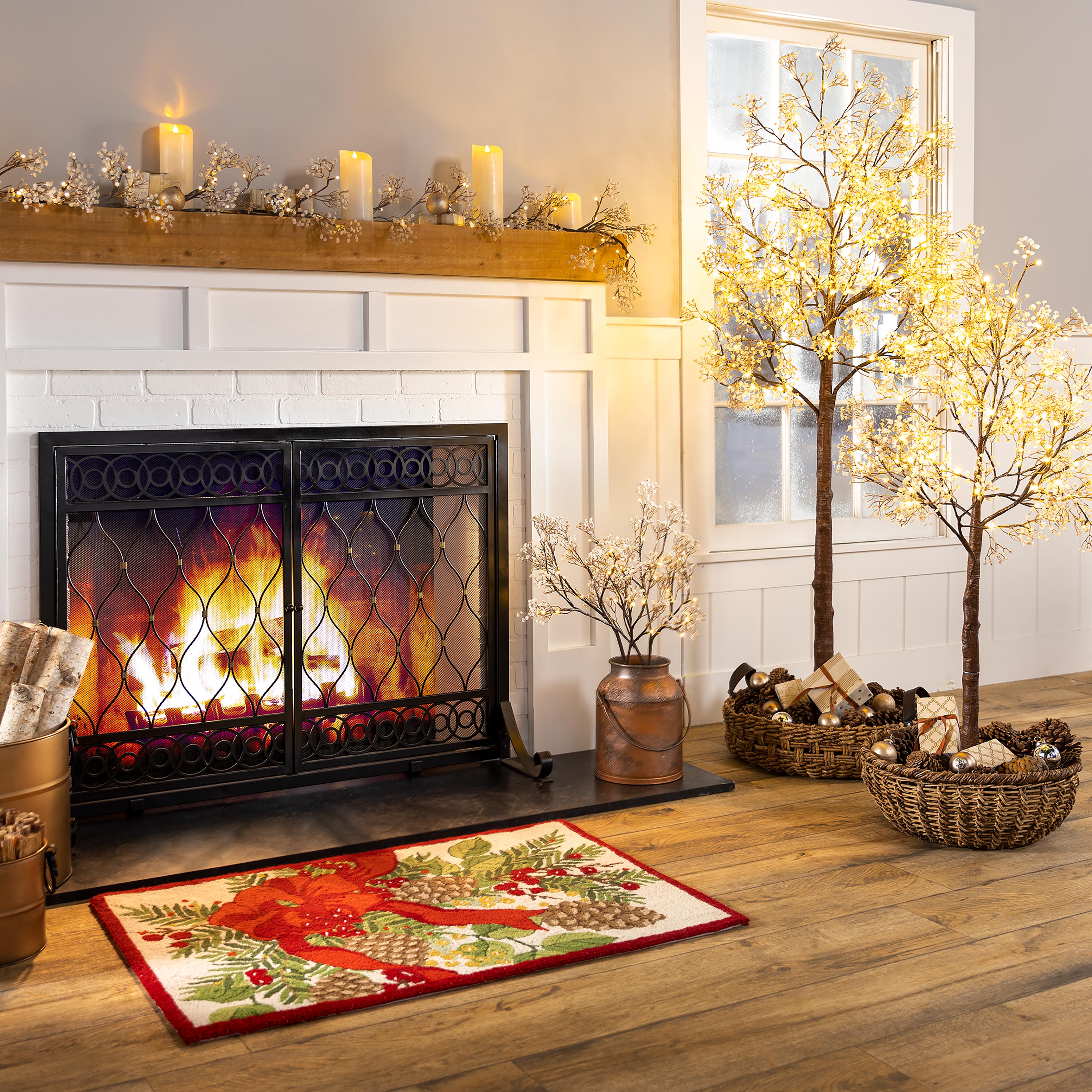Pine Cone and Bow Holiday Bouquet Wool Hearth Rug