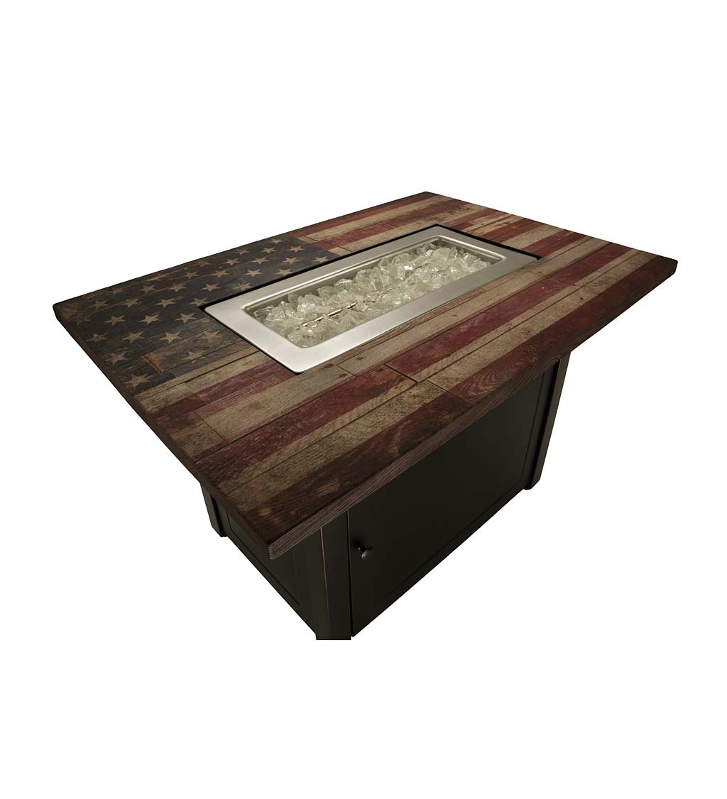 Americana Propane Gas Fire Pit with Faux Wood Tabletop and Glass Rocks