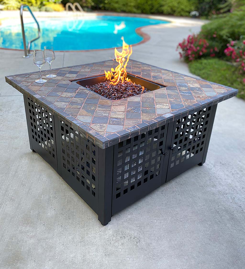 Kingsbury Outdoor LP Gas Fire Pit with Slate and Marble Tile Mantel, 42"