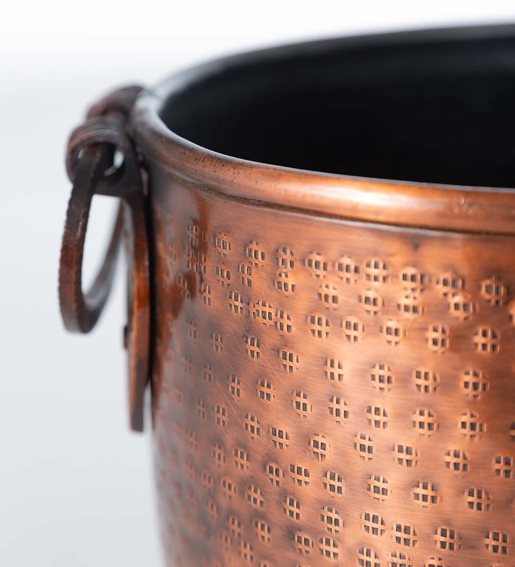 Copper-Finished Hammered Metal Firewood Buckets with Leaf Handles