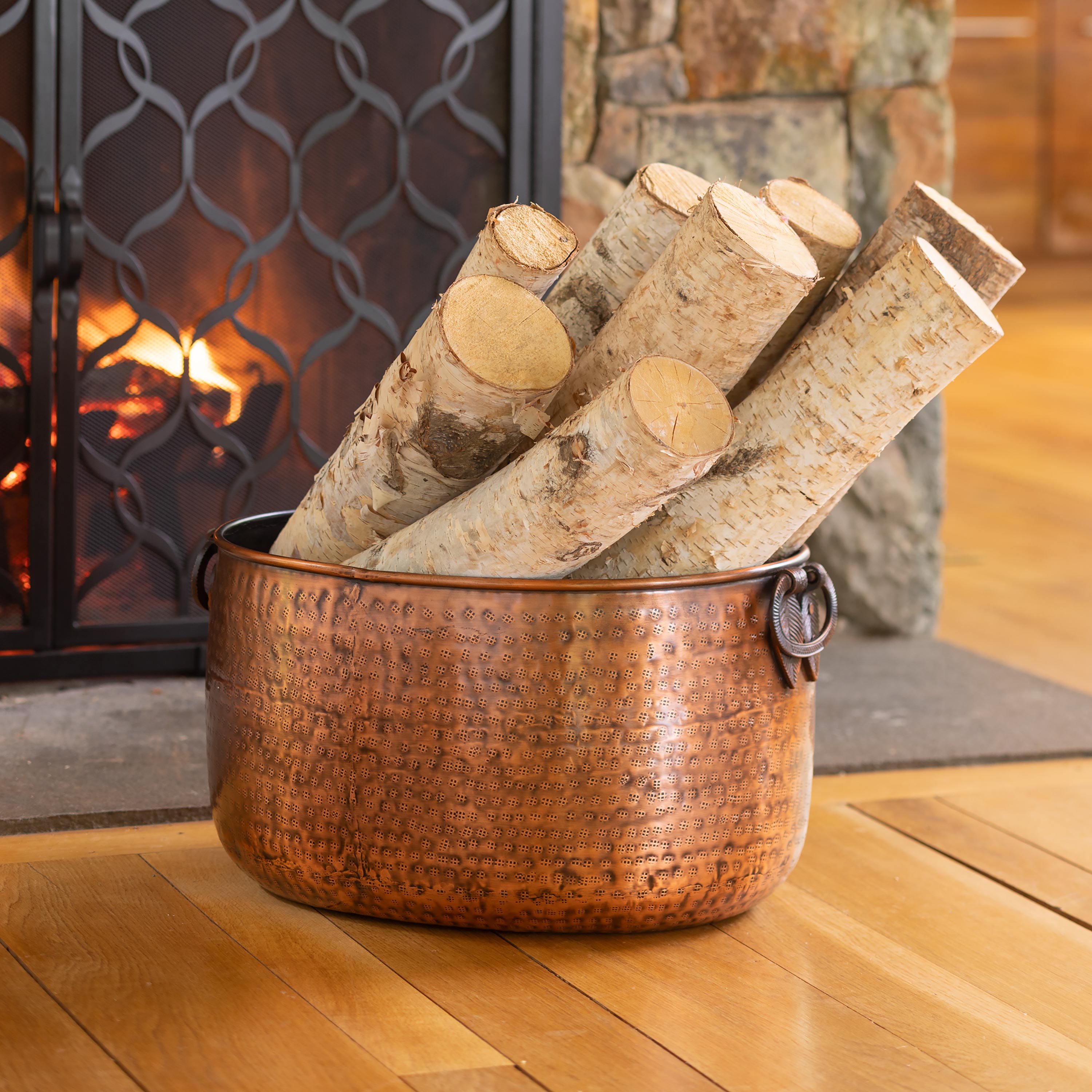 Copper-Finished Hammered Metal Firewood Buckets with Leaf Handles