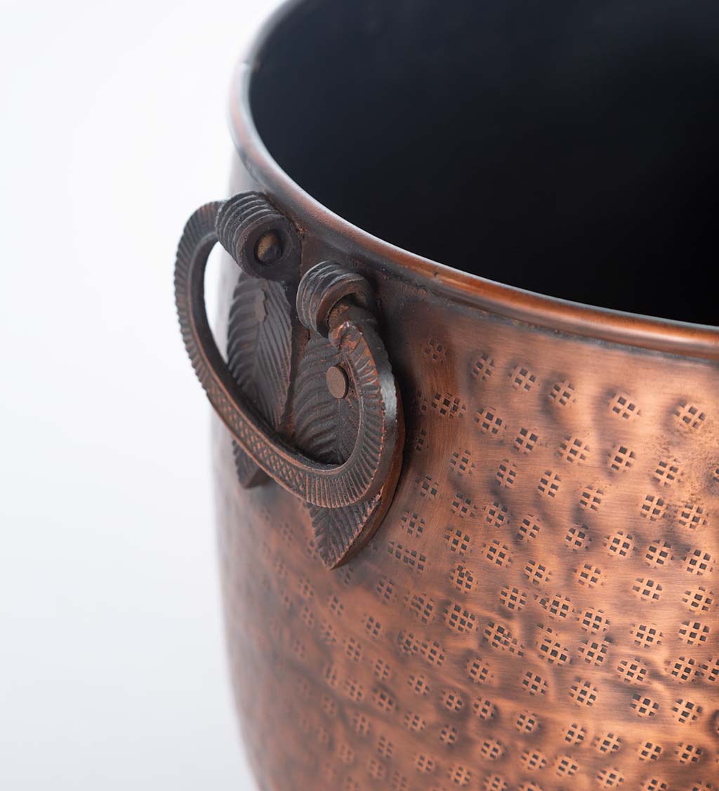 Copper-Finished Hammered Metal Firewood Buckets with Leaf Handles
