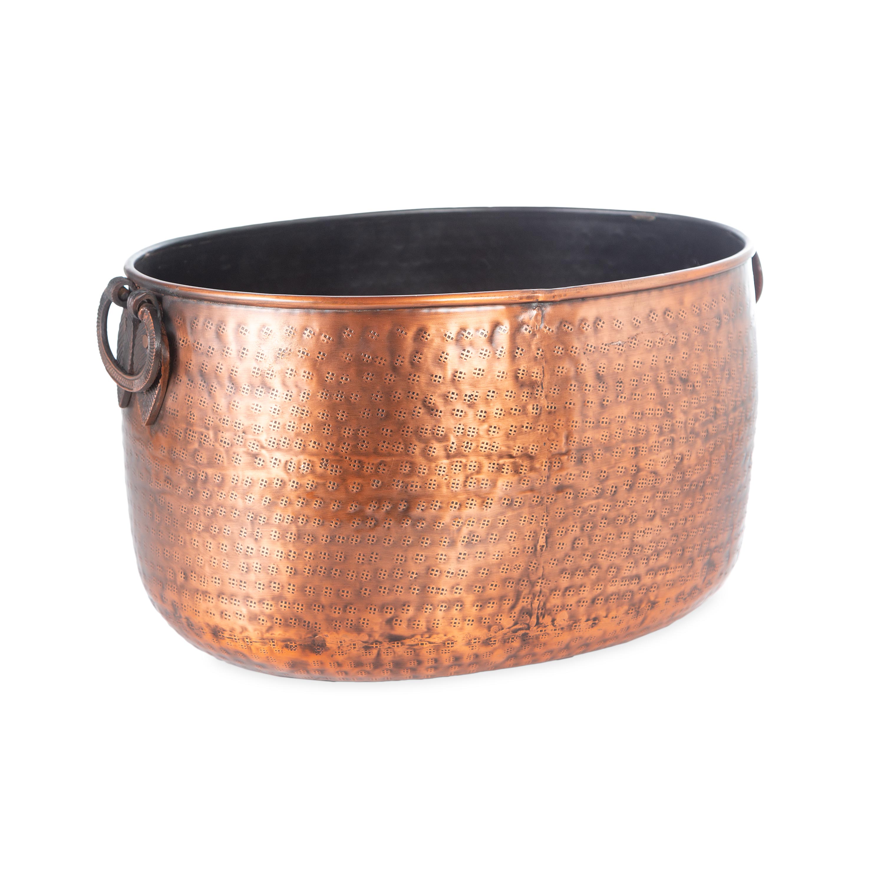 Copper-Finished Hammered Metal Firewood Buckets with Leaf Handles