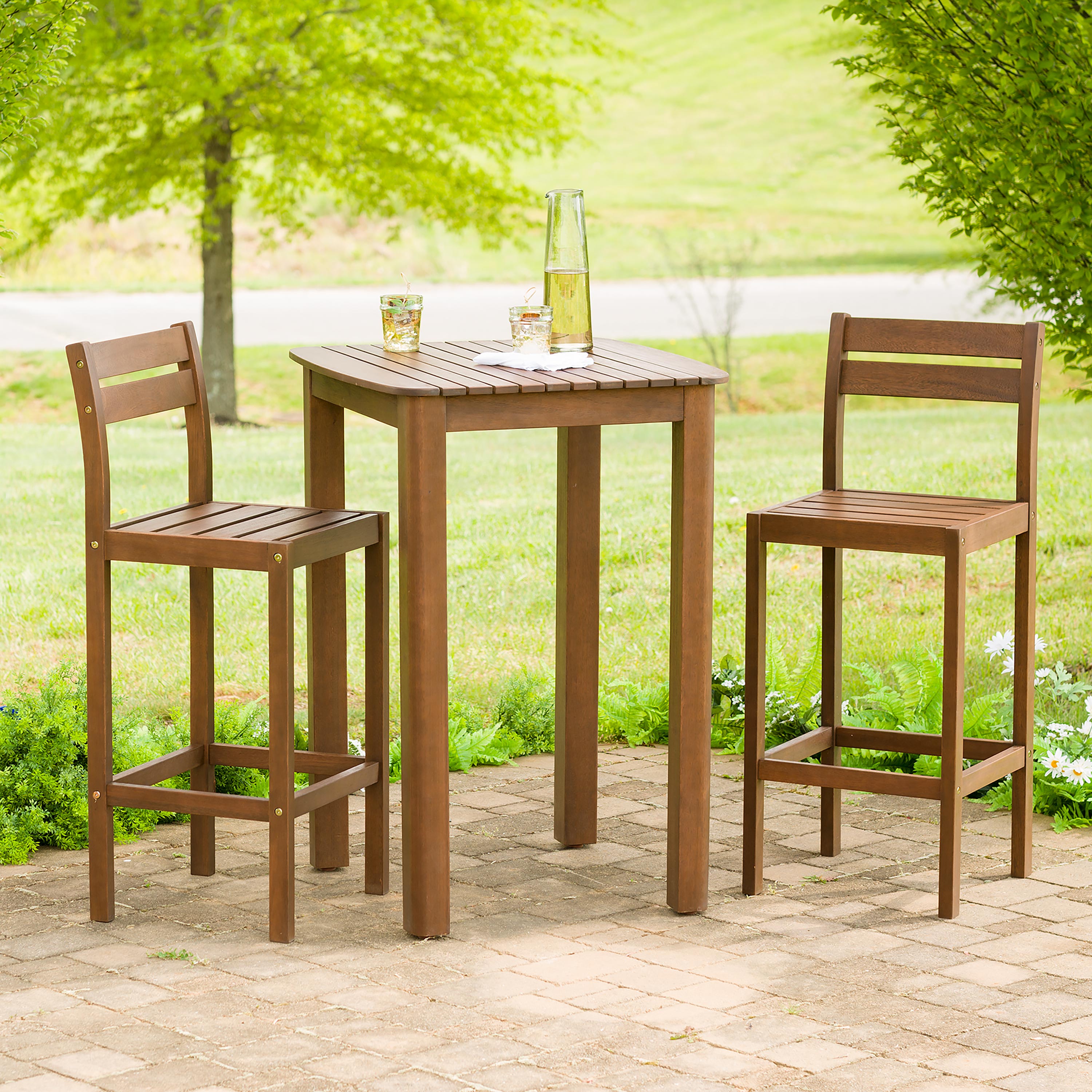 Lancaster Eucalyptus Outdoor Bar Set with Table and 2 Bar Stools, 3-Piece Set