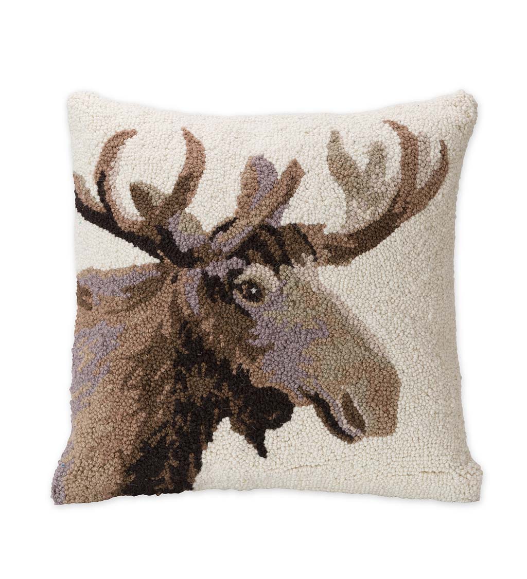Hand-Hooked Wool Pillow with Moose
