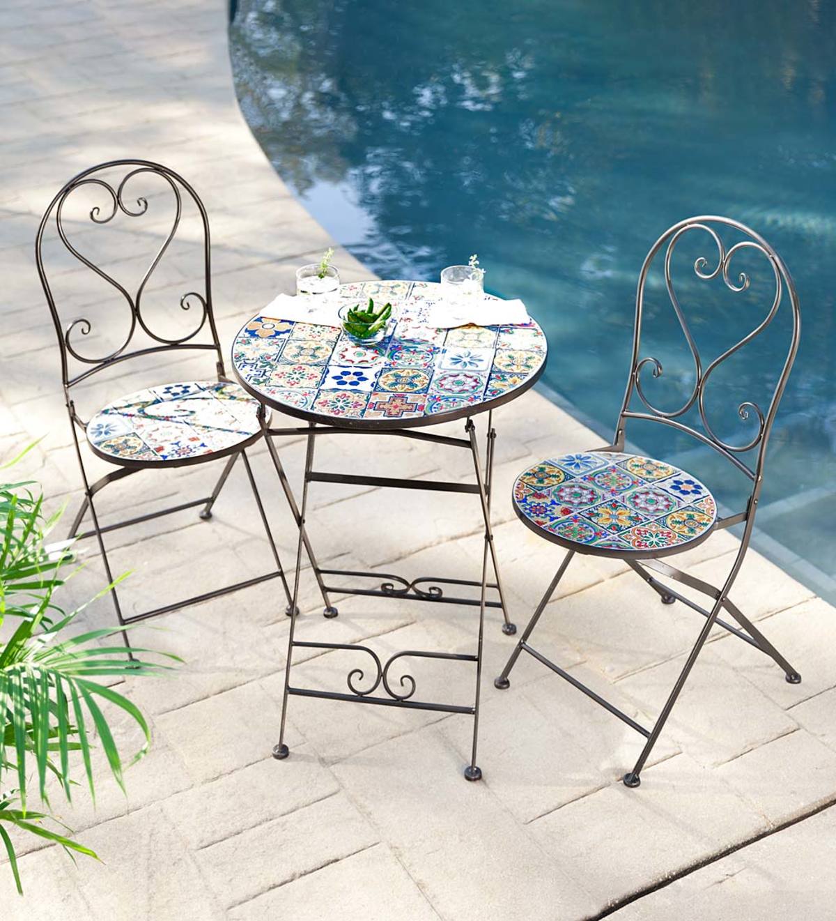 Mosaic Tile 3-Piece Bistro Set with Folding Chairs and Table