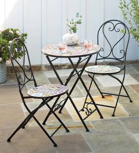Mosaic Tile 3-Piece Bistro Set with Folding Chairs and Table