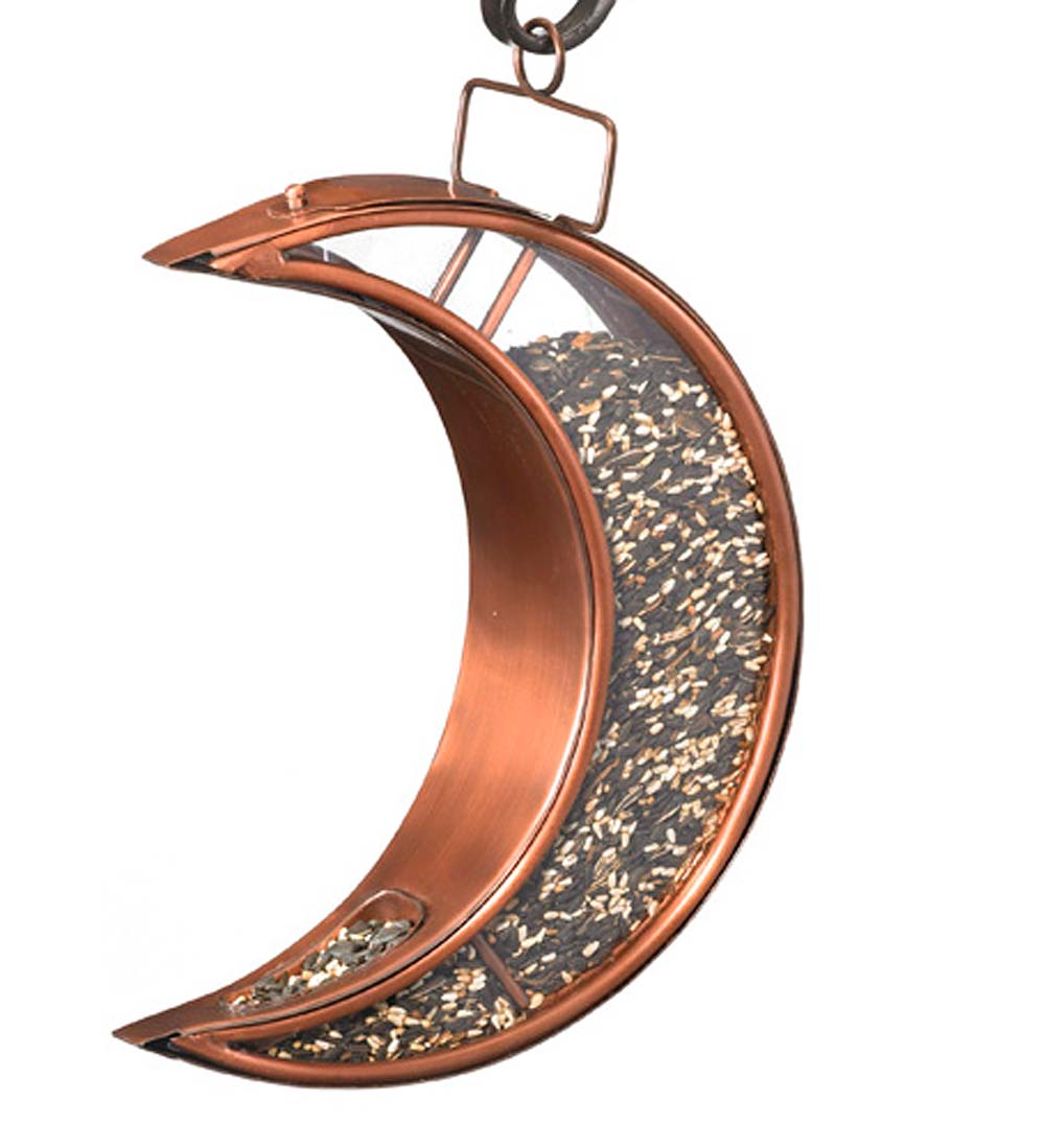 Copper and Plexiglass Crescent Moon Hanging Bird Feeder - Copper